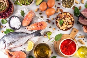 Variety food rich in Omega-3, ALA, EPA, DHA healthy fatty acids sources, Animal and vegetable sources of omega3, healthy fats, vitamin and antioxidants. Healthy keto and low carb diet food
