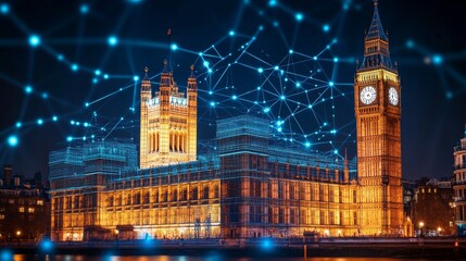 Fototapeta premium Palace of Westminster with Digital Network, London, United Kingdom Illuminated at Night
