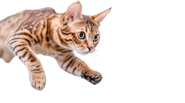 Bengal cat leaping off ground indoor studio animal photography close-up dynamic action
