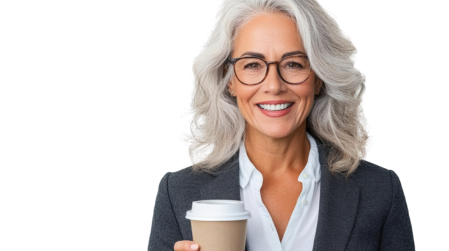 Cheerful businesswoman boosting confidence with coffee in office portrait