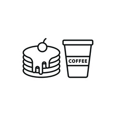 Drink and pancake set food icon in flat style, featuring a refreshing beverage in a cup with a straw and a stack of fluffy pancakes with syrup.