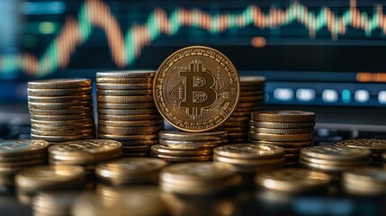 Close-up of stacked coins with a digital trading graph overlay showing upward trends, representing investment growth and market profitability.