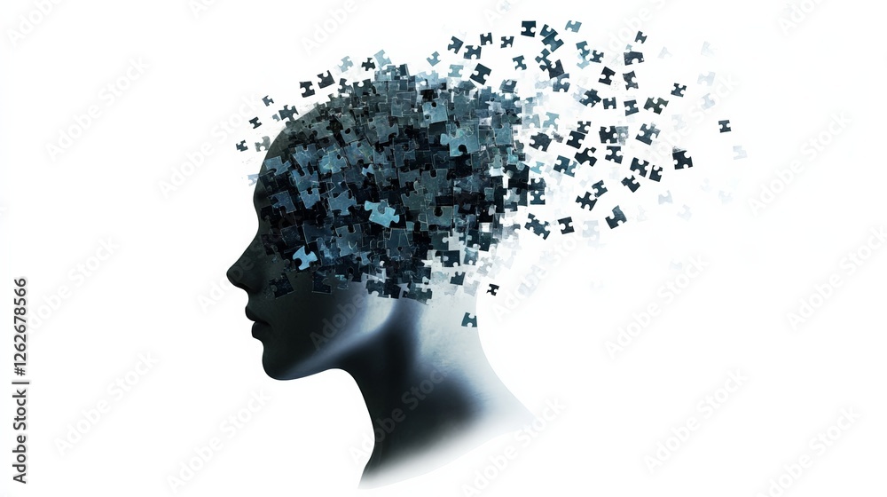 Poster Silhouette of a human head dissolves into scattered puzzle pieces, symbolizing concepts of stress, information overload, and mental burnout. The image conveys themes of cognitive fragmentation