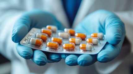A scientist's hands, gloved in blue, hold a strip of pills showcasing vibrant colors and unique textures. This close-up highlights precision in pharmaceutical handling.