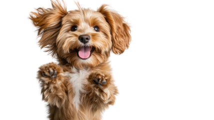 Playful puppy jumping with joy indoor studio animal photography bright lighting close-up happiness
