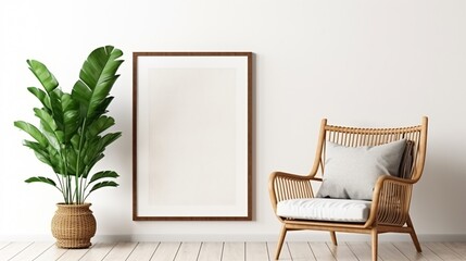 Modern Wicker Chair and Vases Against White Wall Interior