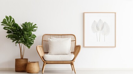 Modern wicker chair and vases near white wall interior