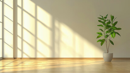 Minimalist bright room with natural light, wooden floors, and green potted plant creates a serene, eco-friendly living space.