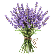 Obraz premium A lavender bouquet tied with rustic twine, soft purple hues, fresh green stems, transparent background, PNG