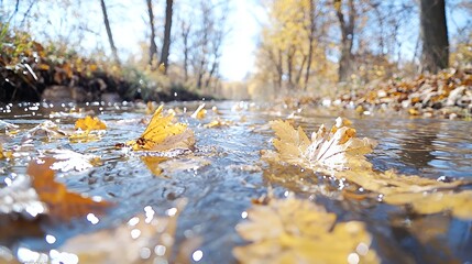 Fototapeta premium Golden autumn leaves float on the surface of a flowing forest stream during a bright sunny day.