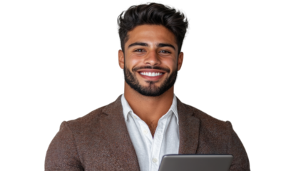 Business professional smiling with tablet studio portrait bright background confident attitude