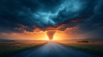 Stormy atmosphere dramatic tornado approaching horizon in rural landscape photography