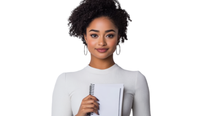 Creative young woman portrait studio lifestyle image bright background engaging perspective