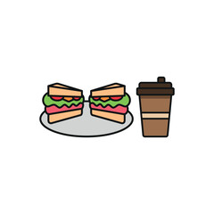 Drink and sandwich set food icon in flat style, featuring a refreshing beverage in a cup with a straw and a delicious sandwich with layers of fillings.