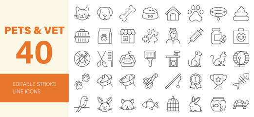 Pet and Veterinary Line Editable Icons set. Vector illustration for web and mobile app. Domestic pets related icons: dog, cat, rabbit, hamster, bird, fish, aquarium, pet carrier, pet bowl, and more.