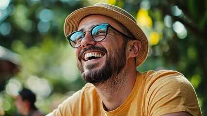 Joyful man wearing glasses and a straw hat smiling warmly in a vibrant outdoor setting surrounded by greenery capturing the essence of happiness and summer vibes