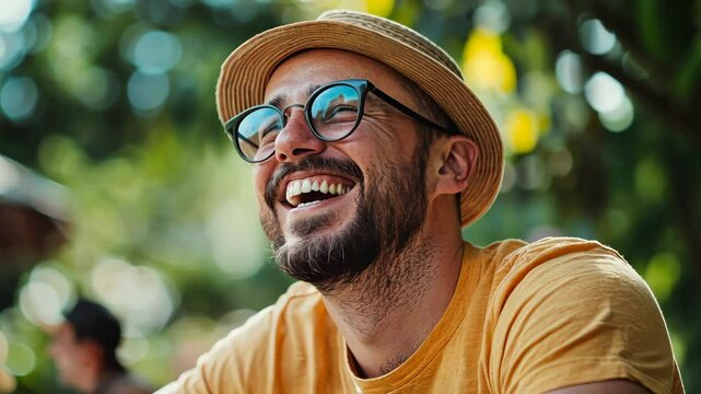Joyful man wearing glasses and a straw hat smiling warmly in a vibrant outdoor setting surrounded by greenery capturing the essence of happiness and summer vibes