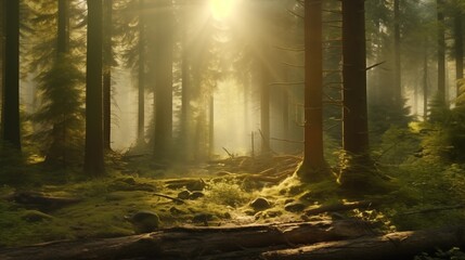 Sunlit forest floor covered in moss with golden rays piercing through the towering trees.