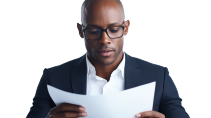 Business professional reviewing documents in a bright office environment