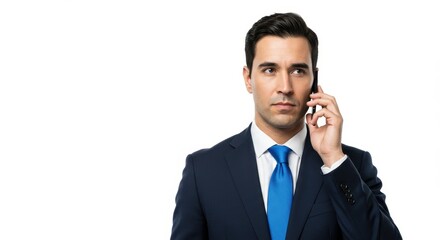 Man in asuit with a blue tie holding a phone to his ear, isolated on a white background.