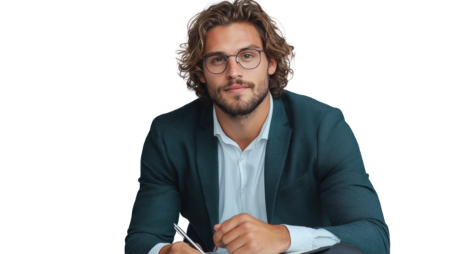 Professional businessman writing notes in office setting casual attire modern environment