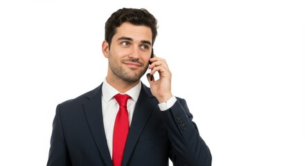 Man in asuit with a red tie holding a phone to his ear, isolated on a white background.