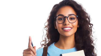 Young woman holding notebook classroom portrait bright setting engaging expression