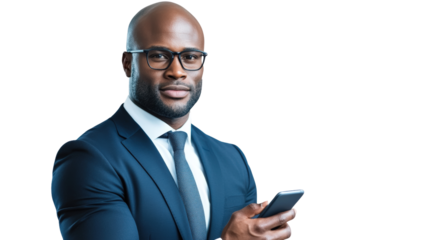Professional businessman holding smartphone in modern office setting