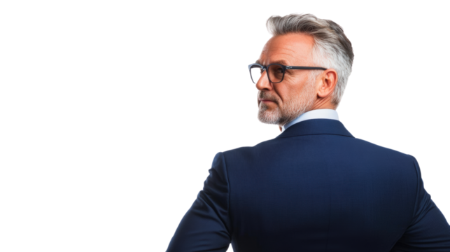 Confident businessman posing studio portrait professional back view leadership