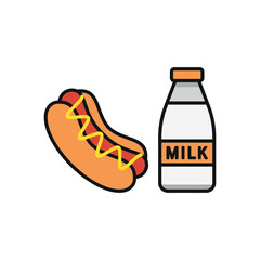 Milk and hot dog set food icon represents a unique meal combination, perfect for fast food designs, restaurant menus, and snack-themed illustrations.