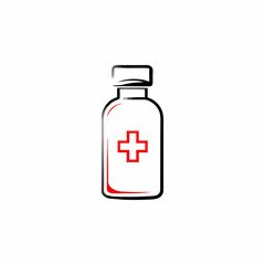 Fototapeta premium Medicine bottle with prominent red cross symbol. Simple black outline design for medical content. Concept: Pharmacy, First Aid, Emergency Care