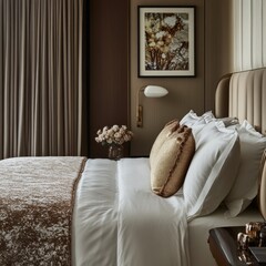 Beautifully decorated hotel bedroom with elegant artwork and textures