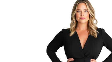 Confident woman posing for portrait studio photography bright background eye-level empowerment