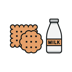 Milk and biscuit set food icon in flat style, featuring a glass of fresh milk and a stack of crispy biscuits, perfect for snack and dairy themes.