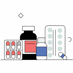 Various medication forms arranged in modern composition. Minimalist pharmaceutical presentation shows diversity of drug delivery. Medical treatment concept - pharmacy, healthcare, medicine