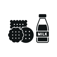 Milk and biscuit set food icon in flat style, featuring a glass of fresh milk and a stack of crispy biscuits, perfect for snack and dairy themes.