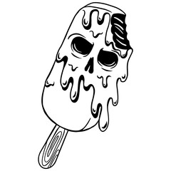 Black and white melting skull-shaped ice cream illustration. Creepy and unique spooky dessert concept, perfect for Halloween, gothic art, tattoo design, stickers, and alternative fashion graphics