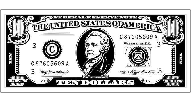 Black and white vector illustration of a ten-dollar bill featuring Alexander Hamilton. Ideal for financial themes, banking designs, money-related graphics, and economic concepts.