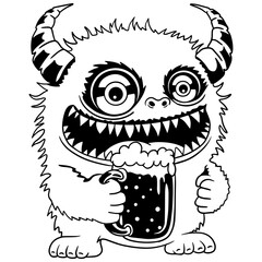 Funny furry monster with big eyes, sharp teeth, and horns holding a mug of beer. Black and white vector illustration, perfect for Oktoberfest, bar logos, stickers, tattoo designs, and humorous prints