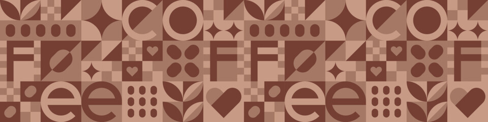 Abstract geometric pattern with coffee. Mosaic background for modern cafe design, menu or shop. Long seamless pattern with coffee beans and leaves, vector flat illustration