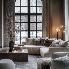 Elegant living room interior with large window and winter view