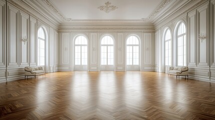 Elegant empty hall with large windows and polished wooden flooring in a classic interior design