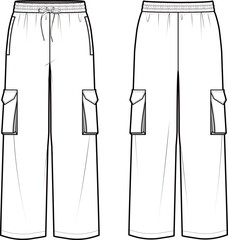 Technical flat sketch of Wide pants. Elasticated waistband cargo sweatpants with side pockets. Shirring detailed pull-on pants. Vector mock up Template. 