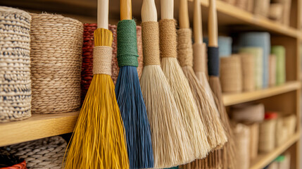 Artisanal brooms displayed on a wooden shelf, showcasing vibrant colors and craftsmanship. Perfect for home decor and eco-friendly cleaning.
