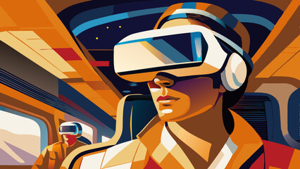 Person immersed in VR experience aboard futuristic transport. Wearing headset with warm lighting and companion in background. Concept: virtual reality entertainment, future travel, digital tourism