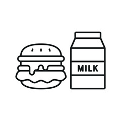 Milk and hamburger set food icon represents a classic meal combo, perfect for restaurant menus, fast food designs, nutrition themes, and delivery apps.