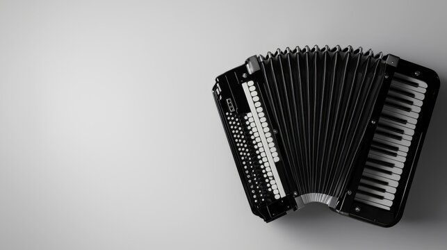 Black accordion resting against a light surface highlights its intricate design and musical potential