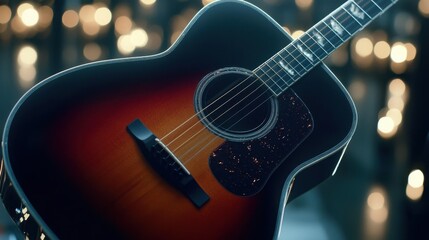 Fototapeta premium Beautiful acoustic guitar illuminated with soft lights in a cozy setting ready for an intimate performance or recording session