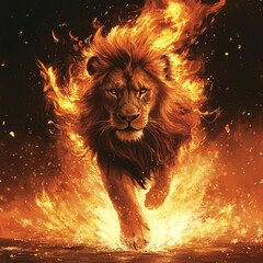 Fierce lion emerging from vibrant flames in a dramatic display of power and vitality. Generative AI