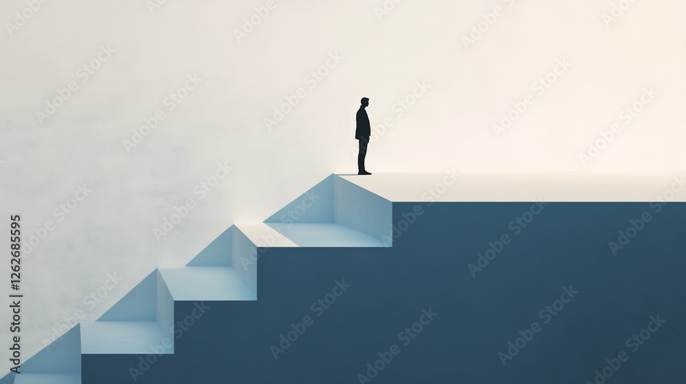 Poster Businessman standing on top of incomplete stairs evaluating different ways and directions, having to choose the right path, concept of fobo - fear of better option - and job insecurity